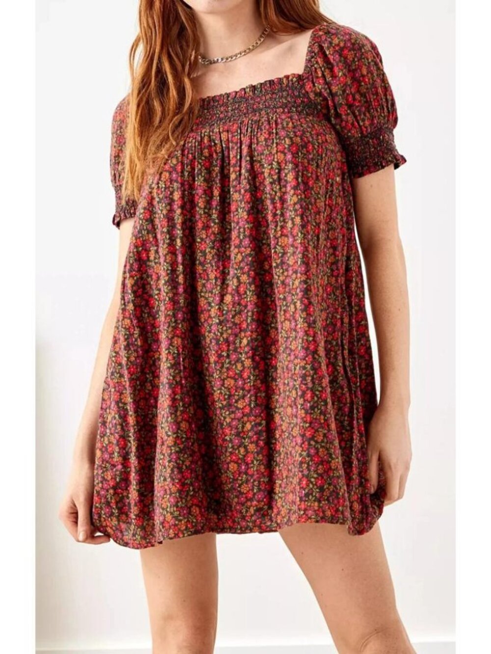 American Eagle Cotton Blend Floral Smocked Puff-Sleeve Babydoll Mini Dress Small